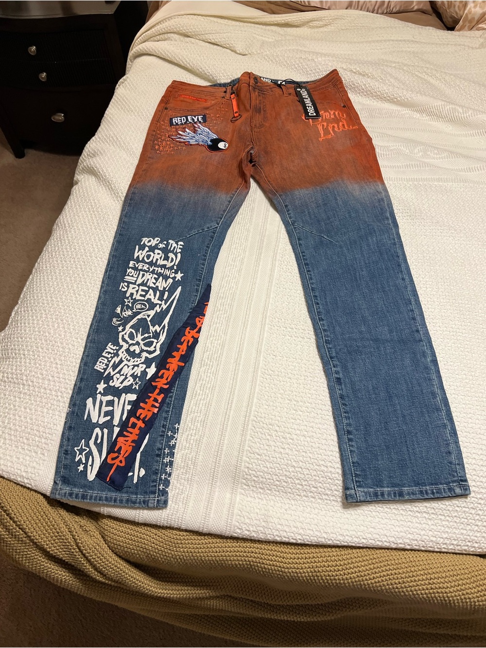 Slim Straight Two-Tone Orange & Blue Graphic Jeans